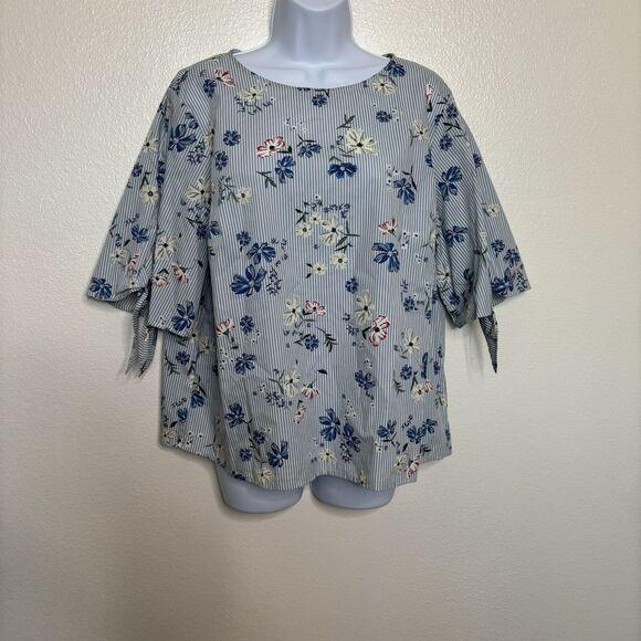 H&M Pinstripe Floral Tie Sleeve Blouse Womens Size 14 100% Cotton Short Sleeve - Picture 1 of 7